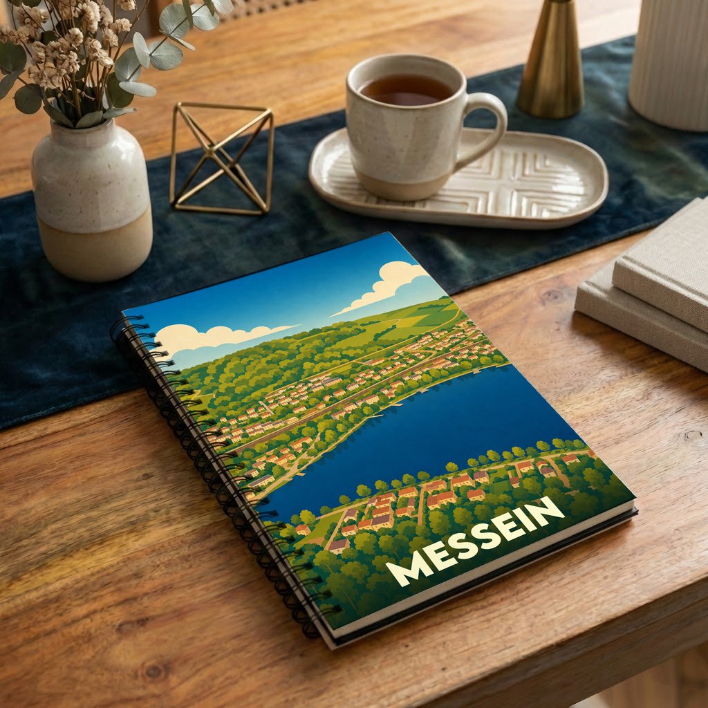 Carnet à spirales souvenir de la ville de Messein avec une illustration stylisée de ses paysages verdoyants et de son plan d'eau.