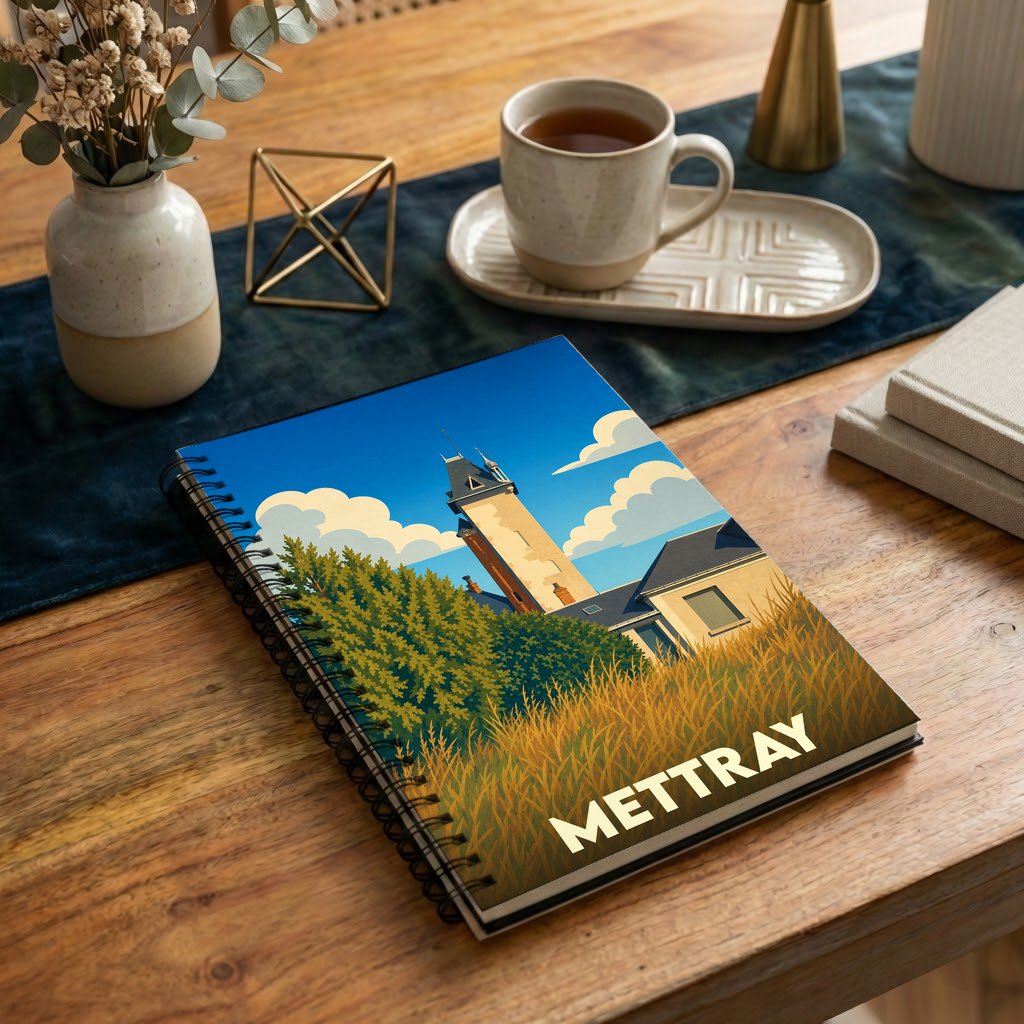 Carnet souvenir de la ville de Mettray illustré d'un paysage stylisé.