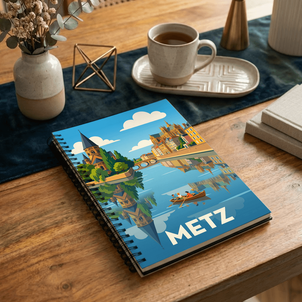 Carnet souvenir de la ville de Metz avec une illustration stylisée et colorée.