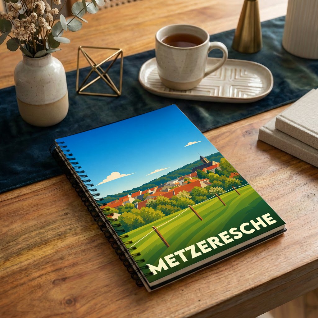Carnet à spirales souvenir de la ville de Metzeresche avec une illustration paysagère stylisée.