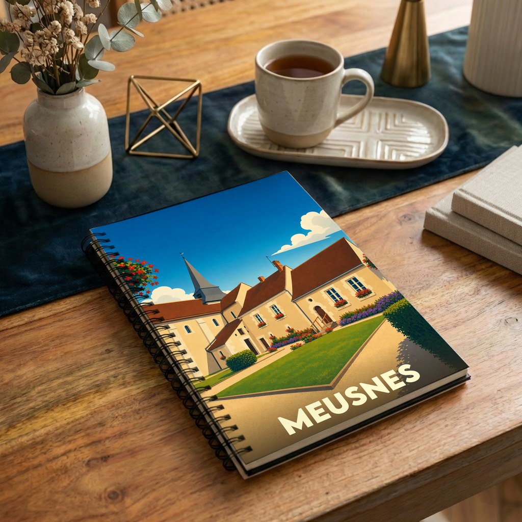 Carnet à spirales souvenir de la ville de Meusnes avec une illustration stylisée.
