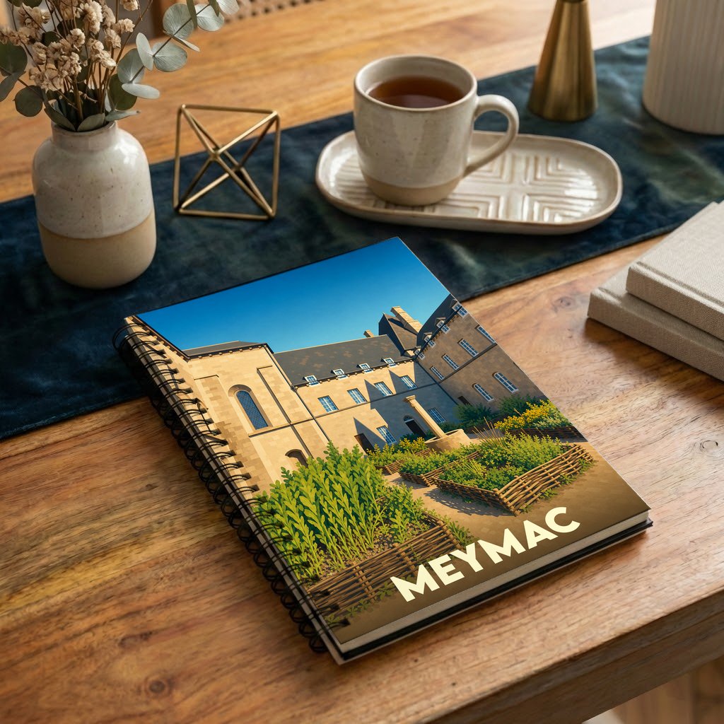 Carnet à spirales souvenir de la ville de Meymac avec une illustration stylisée de son abbaye et de ses jardins.