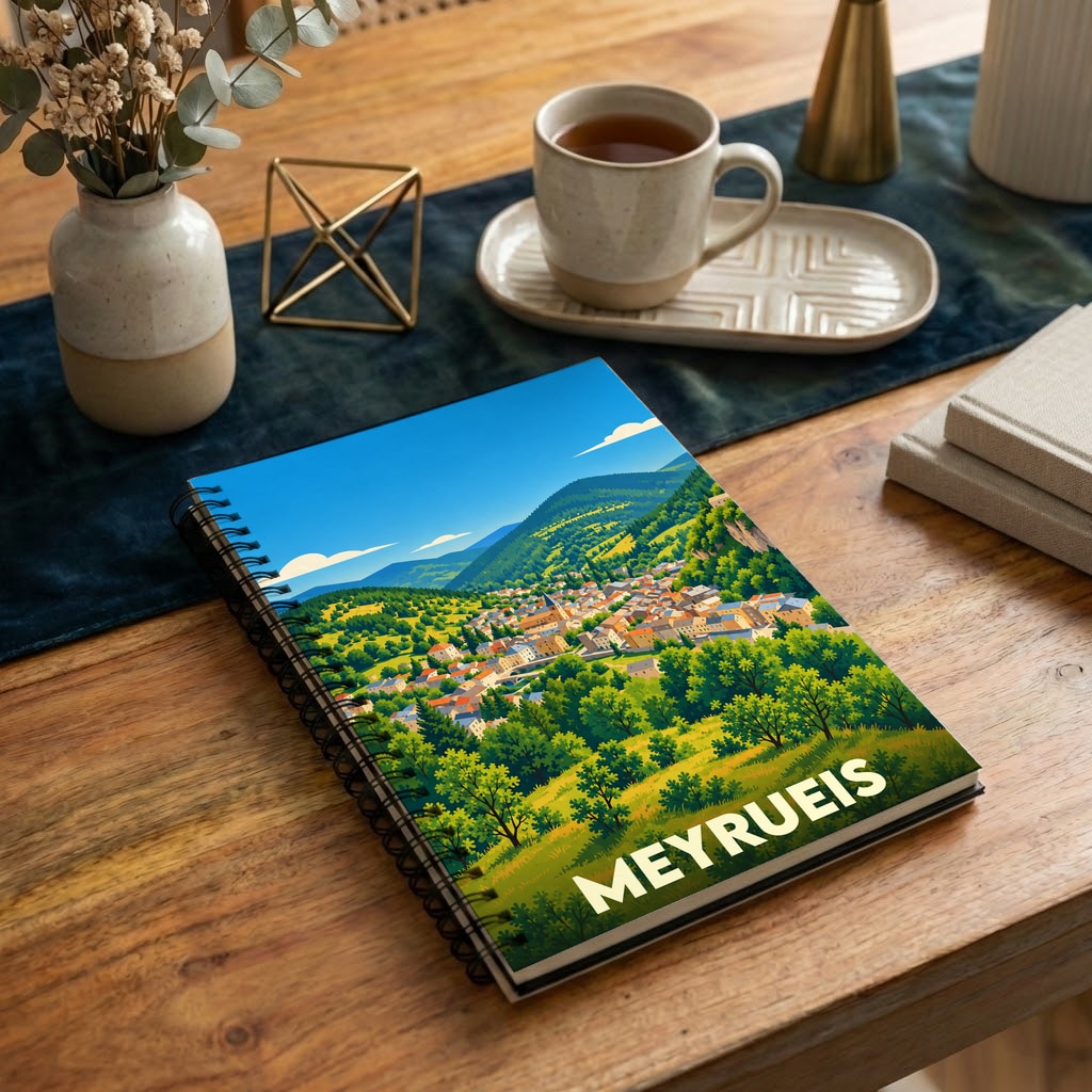 Carnet à spirales souvenir de la ville de Meyrueis illustré par un paysage de montagne stylisé.