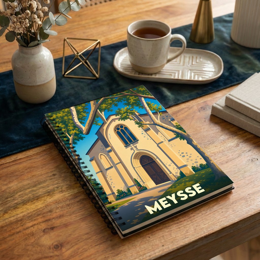 Carnet souvenir de la ville de Meysse avec une illustration stylisée de son église et de platanes.
