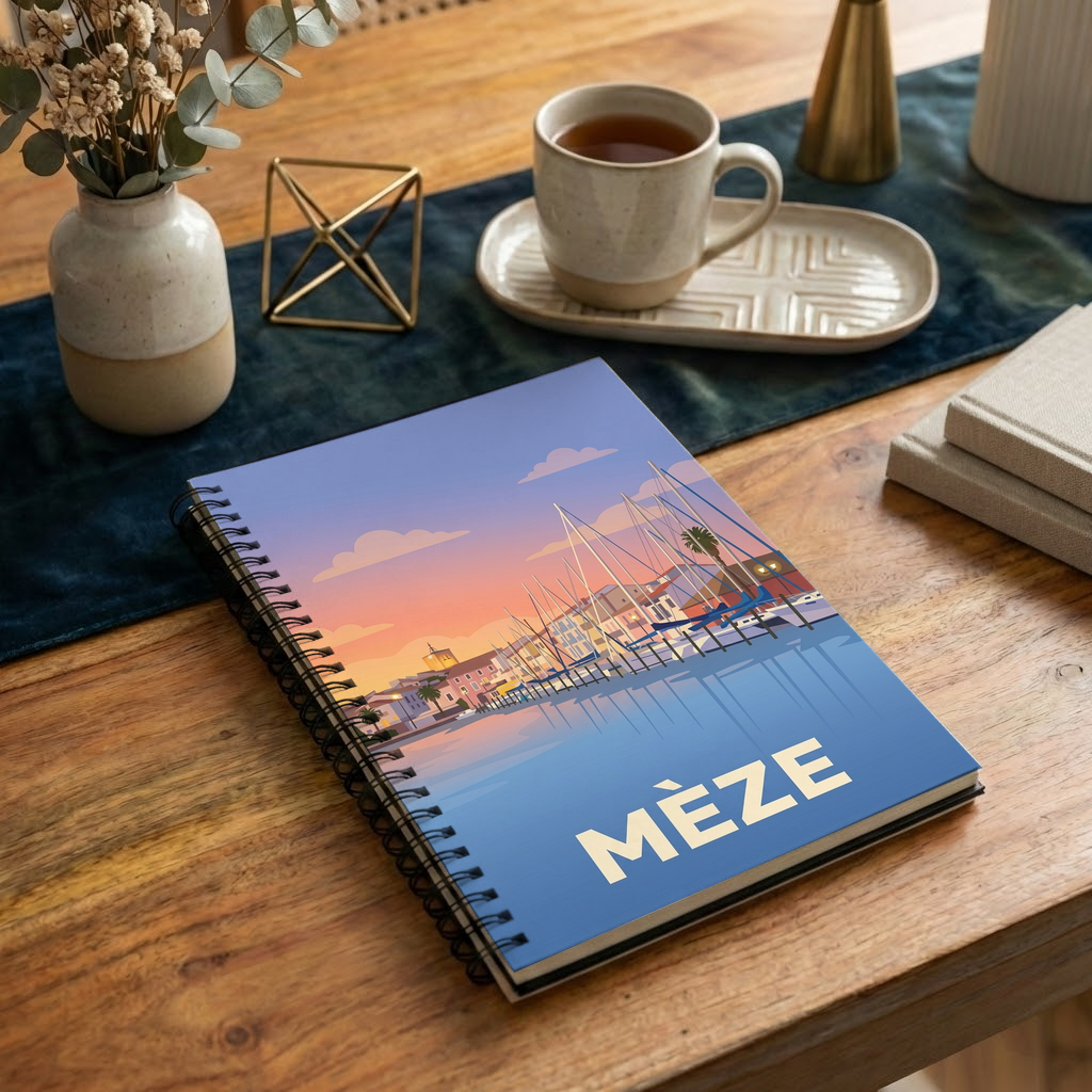 Carnet souvenir de la ville de Mèze avec une illustration stylisée.