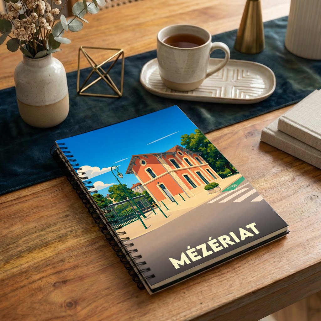 Carnet souvenir de la ville de Mézériat avec une illustration stylisée d'un bâtiment emblématique.