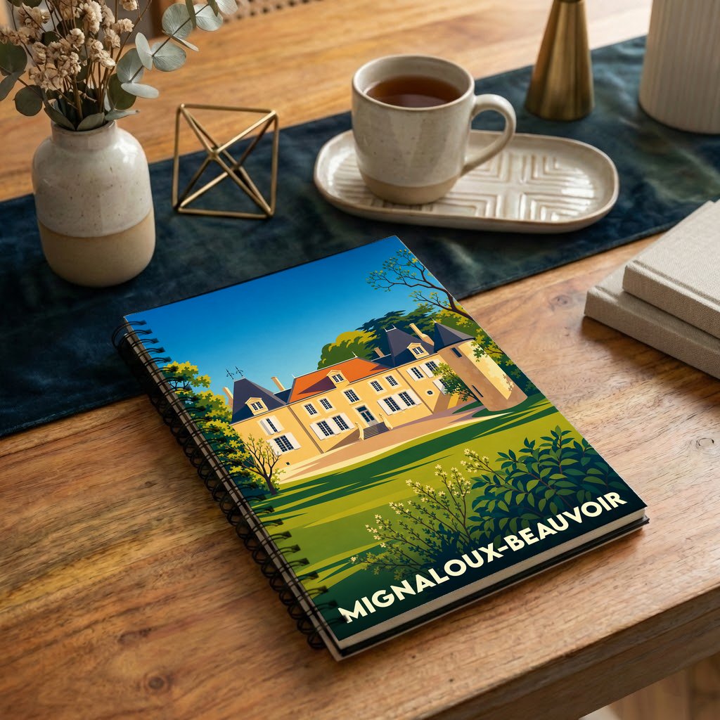 Carnet à spirales souvenir de la ville de Mignaloux-Beauvoir illustré d'un château stylisé.