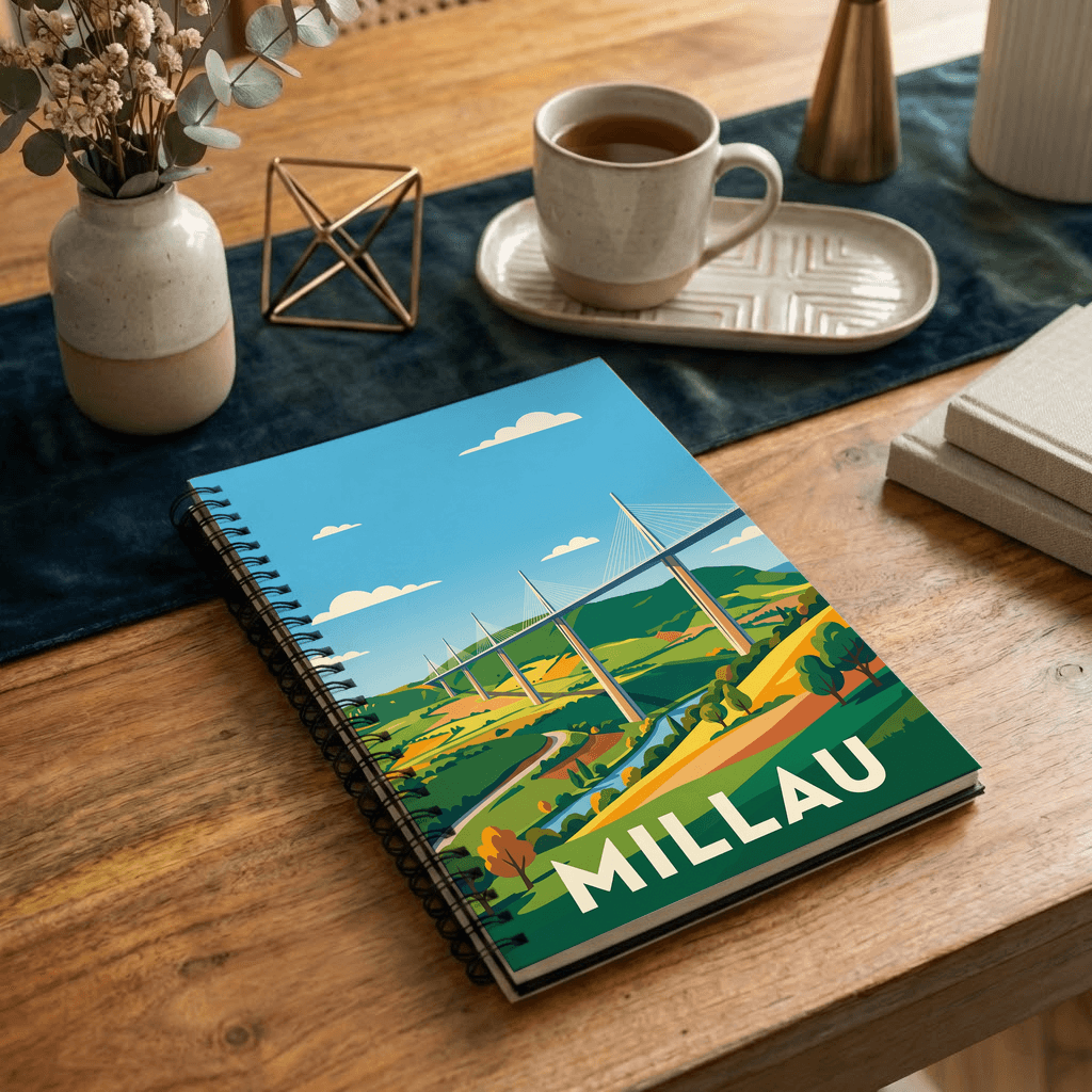 Carnet souvenir de la ville de Millau avec une illustration stylisée de son célèbre viaduc.