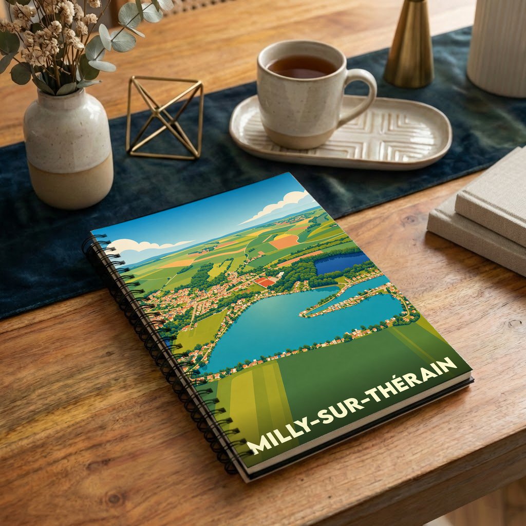 Carnet souvenir de la ville de Milly-sur-Thérain avec une illustration stylisée d'un paysage aérien.