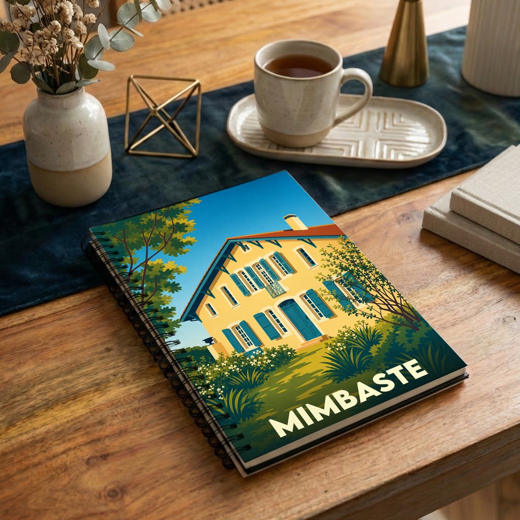 Carnet à spirales souvenir de la ville de Mimbaste avec une illustration stylisée d'une maison landaise.