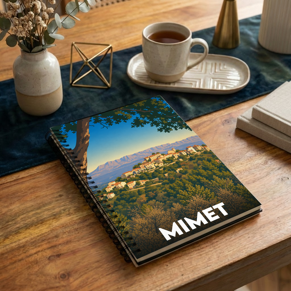 Carnet souvenir de la ville de Mimet avec une illustration stylisée du village.
