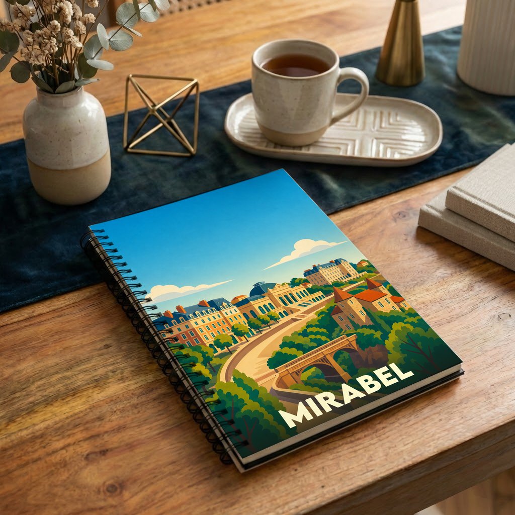 Carnet à spirales souvenir de la ville de Mirabel avec une illustration stylisée et colorée.