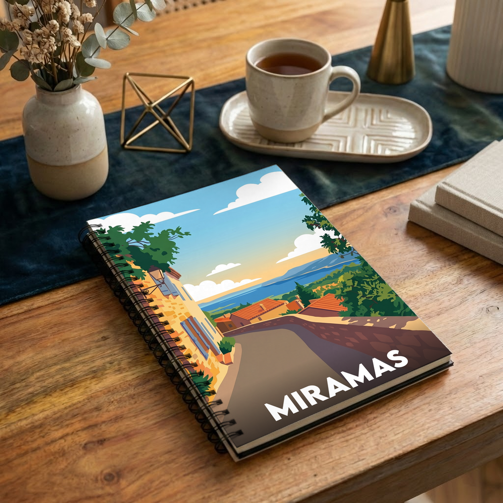 Carnet souvenir de la ville de Miramas avec une illustration stylisée.