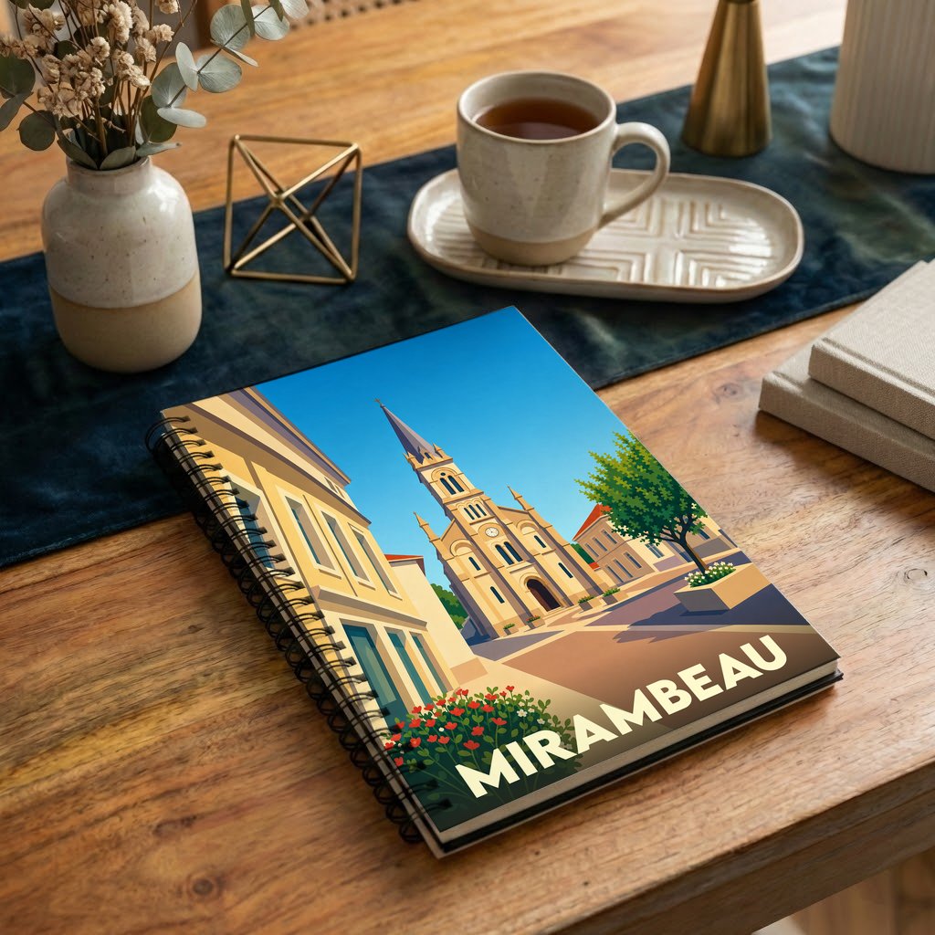 Carnet à spirales souvenir de la ville de Mirambeau avec une illustration stylisée de son église et de ses rues.