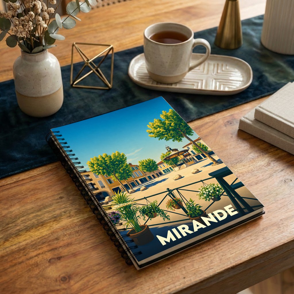 Carnet souvenir de la ville de Mirande avec une illustration stylisée d'une place ensoleillée.