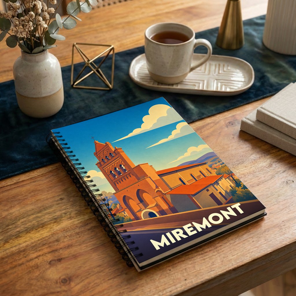 Carnet souvenir de la ville de Miremont orné d'une illustration stylisée de son église.