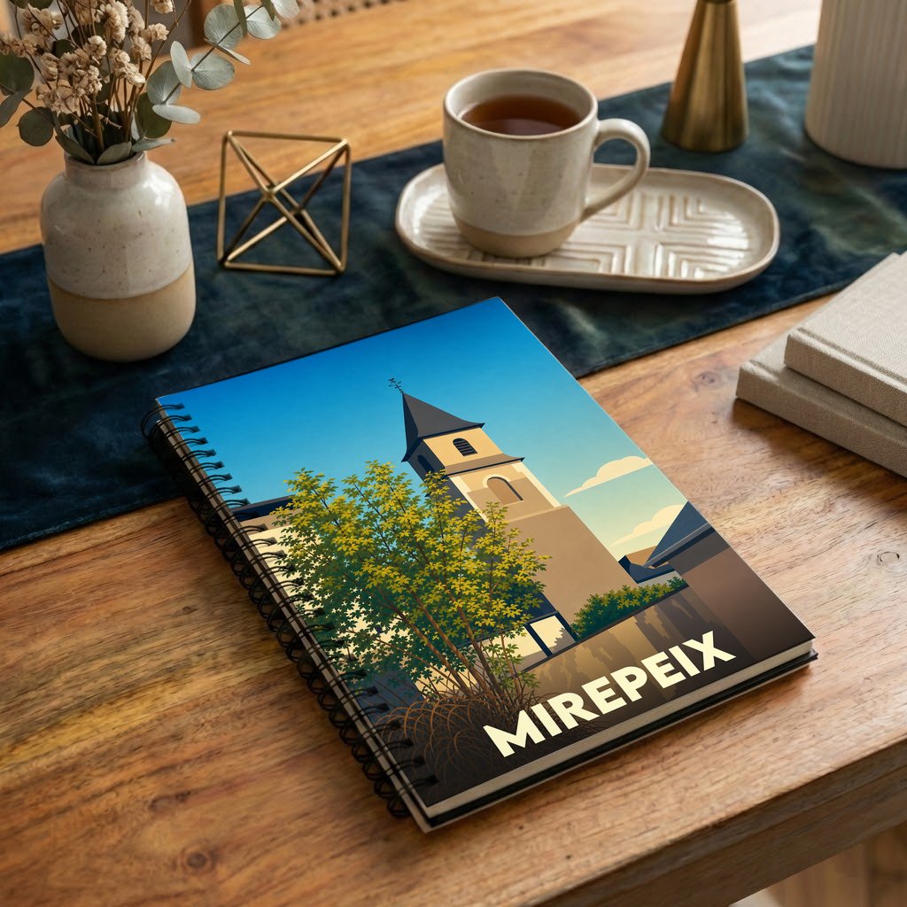 Carnet souvenir de la ville de Mirepeix avec une illustration stylisée de son église.
