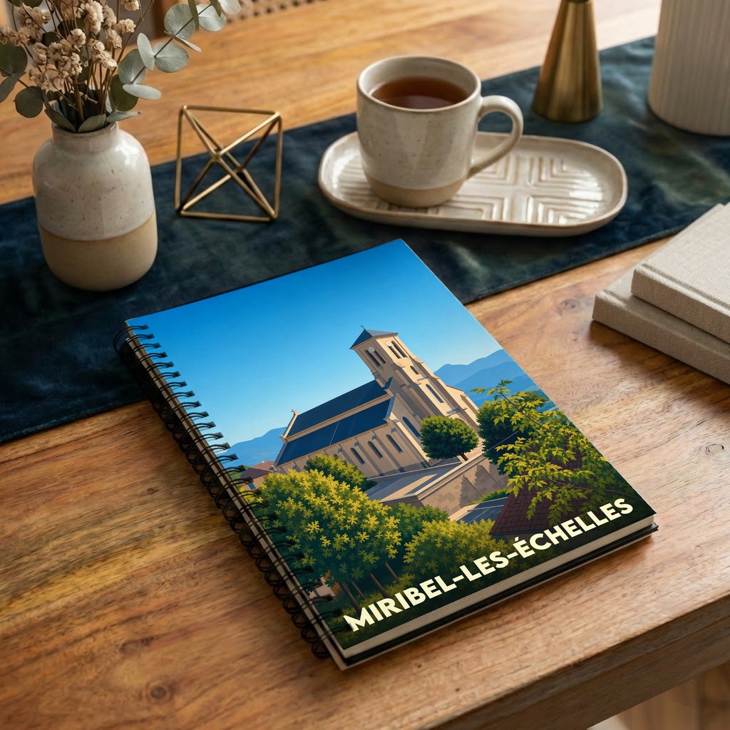 Carnet de notes souvenir de la ville de Miribel-les-Échelles avec une illustration stylisée de son église.