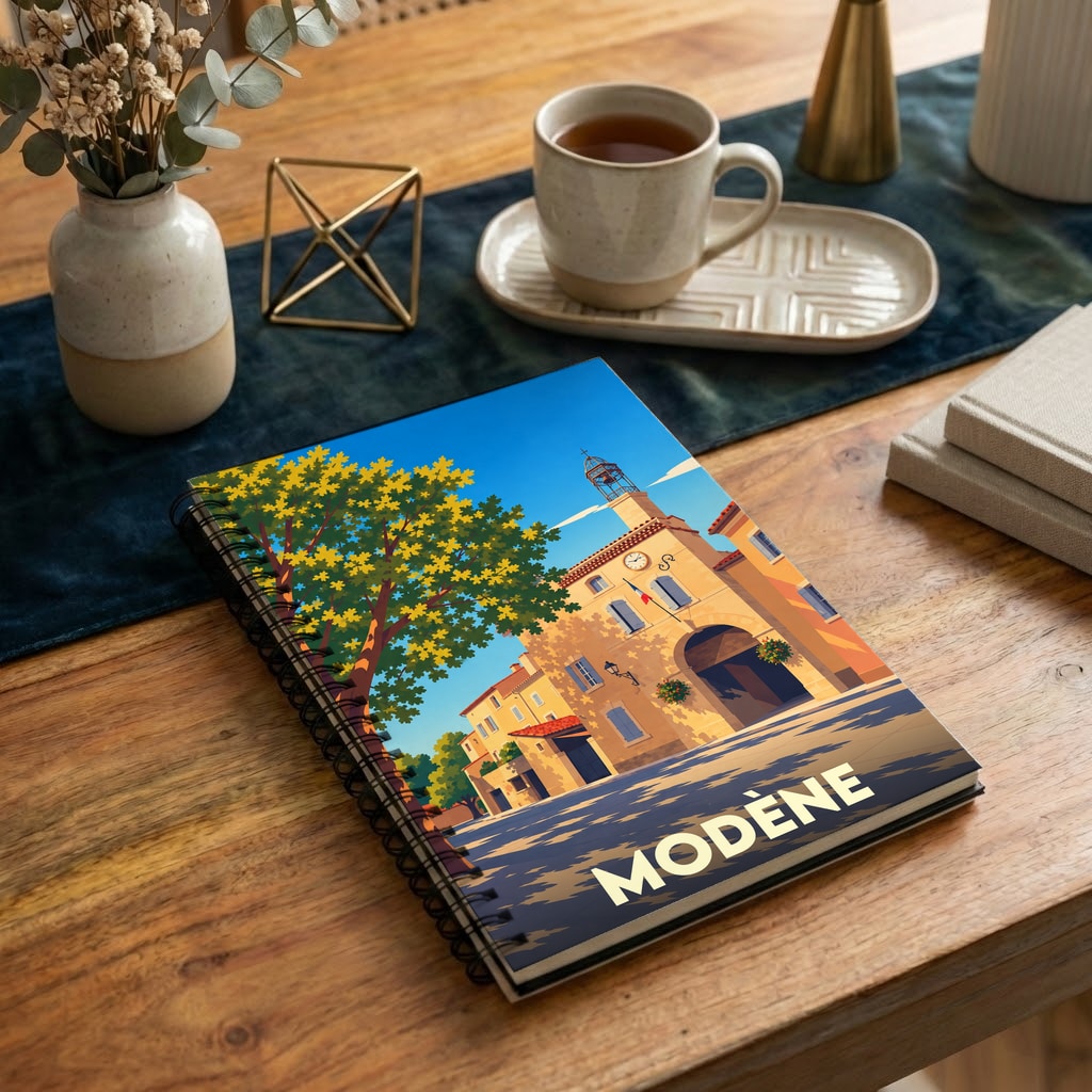 Carnet à spirales souvenir de la ville de Modène avec une illustration stylisée d'une place ensoleillée.