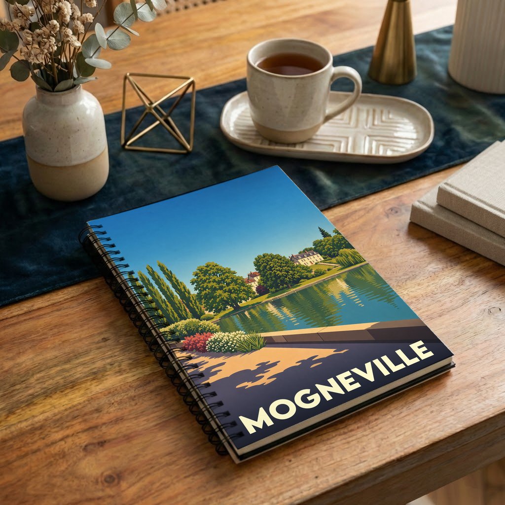 Carnet souvenir de la ville de Mogneville avec une illustration stylisée de son paysage au bord de l'eau.