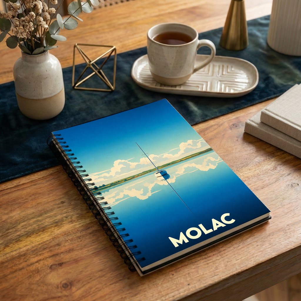 Carnet à spirale souvenir de la ville de Molac avec une illustration stylisée d'un voilier sur l'eau.