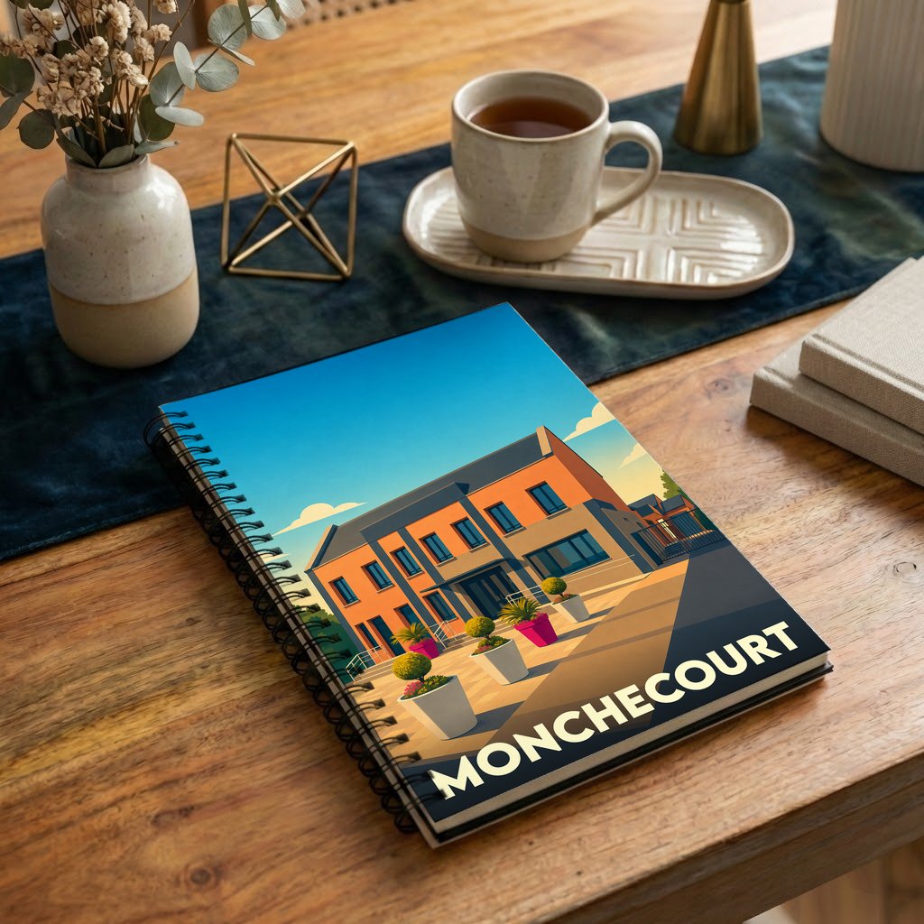 Carnet souvenir de la ville de Monchecourt avec une illustration stylisée.
