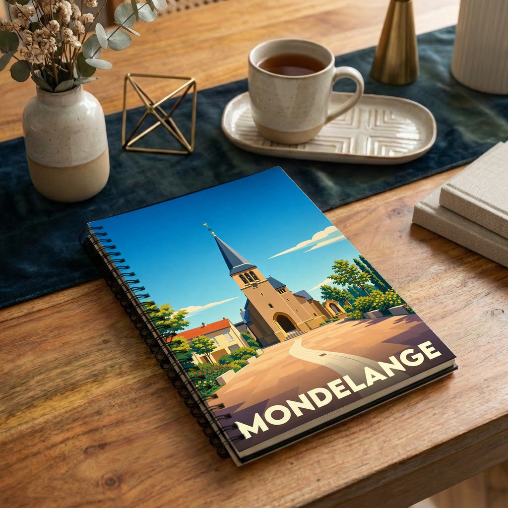 Carnet souvenir de la ville de Mondelange avec une illustration stylisée d'une église.