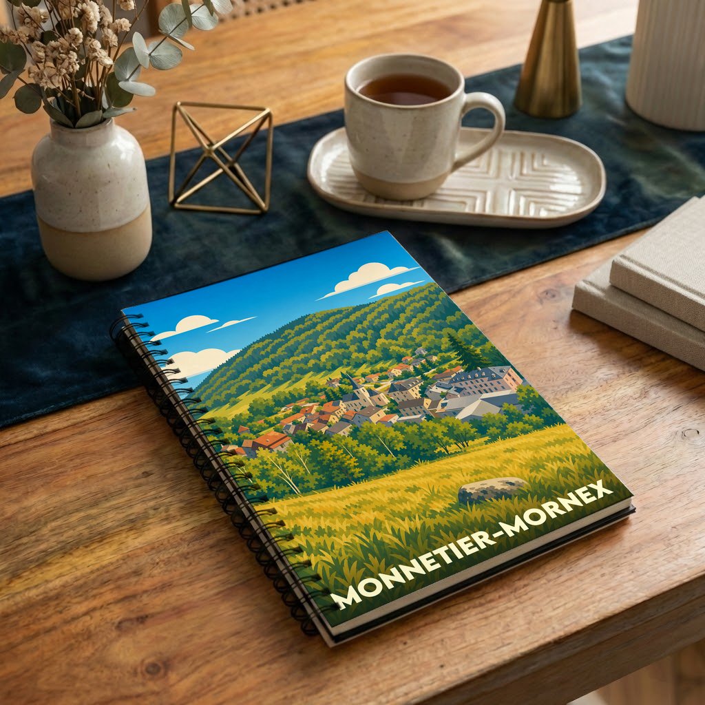 Carnet à spirales souvenir de la ville de Monnetier-Mornex avec une illustration stylisée de son paysage vallonné.