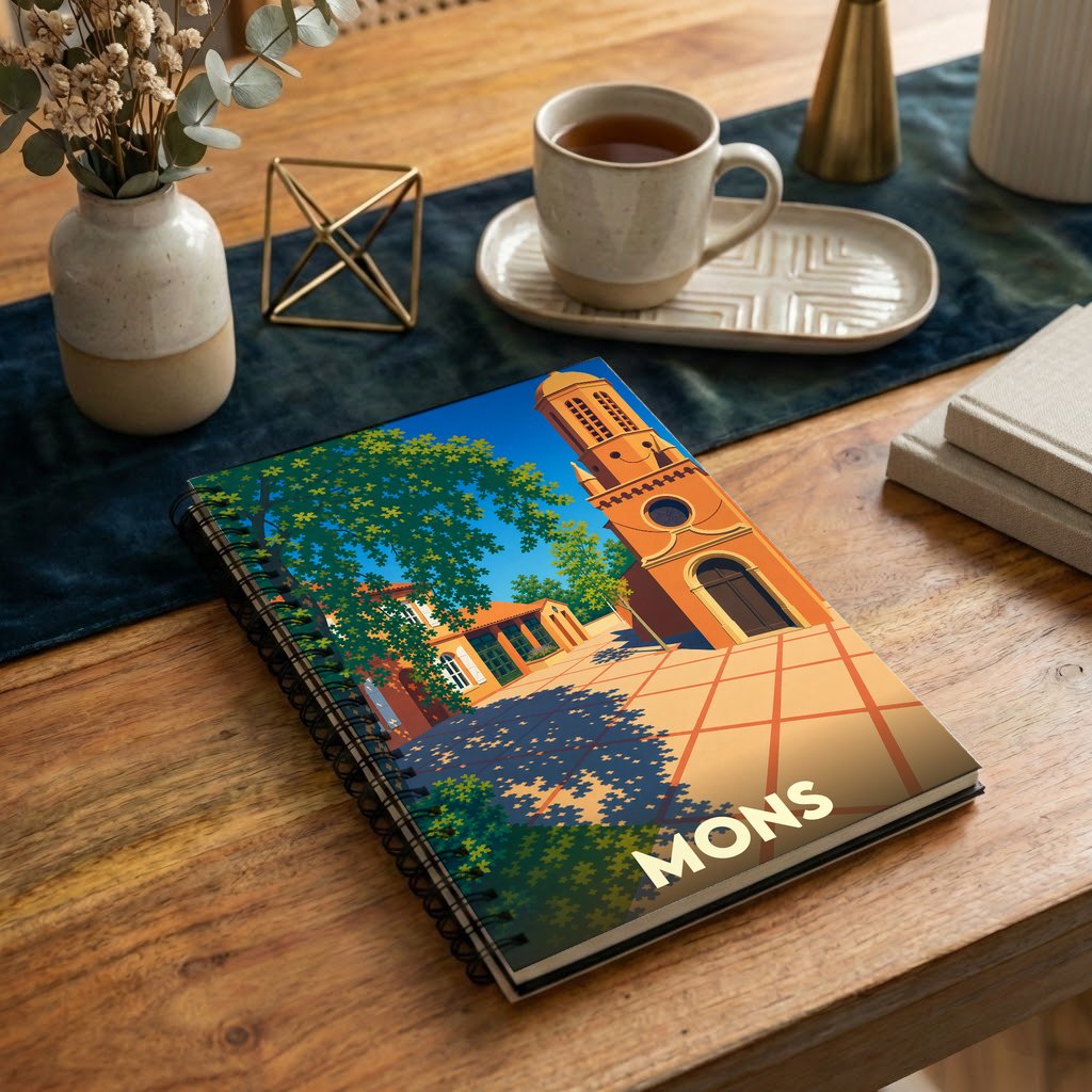 Carnet de notes à spirales souvenir de la ville de Mons avec une illustration stylisée de son architecture.