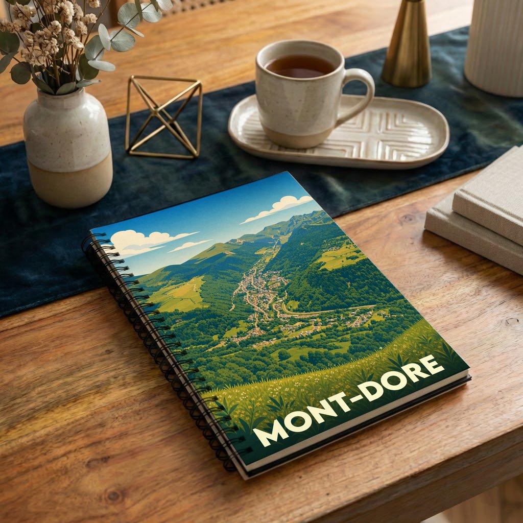 Carnet souvenir de la ville de Mont-Dore orné d'une illustration stylisée de sa vallée verdoyante.