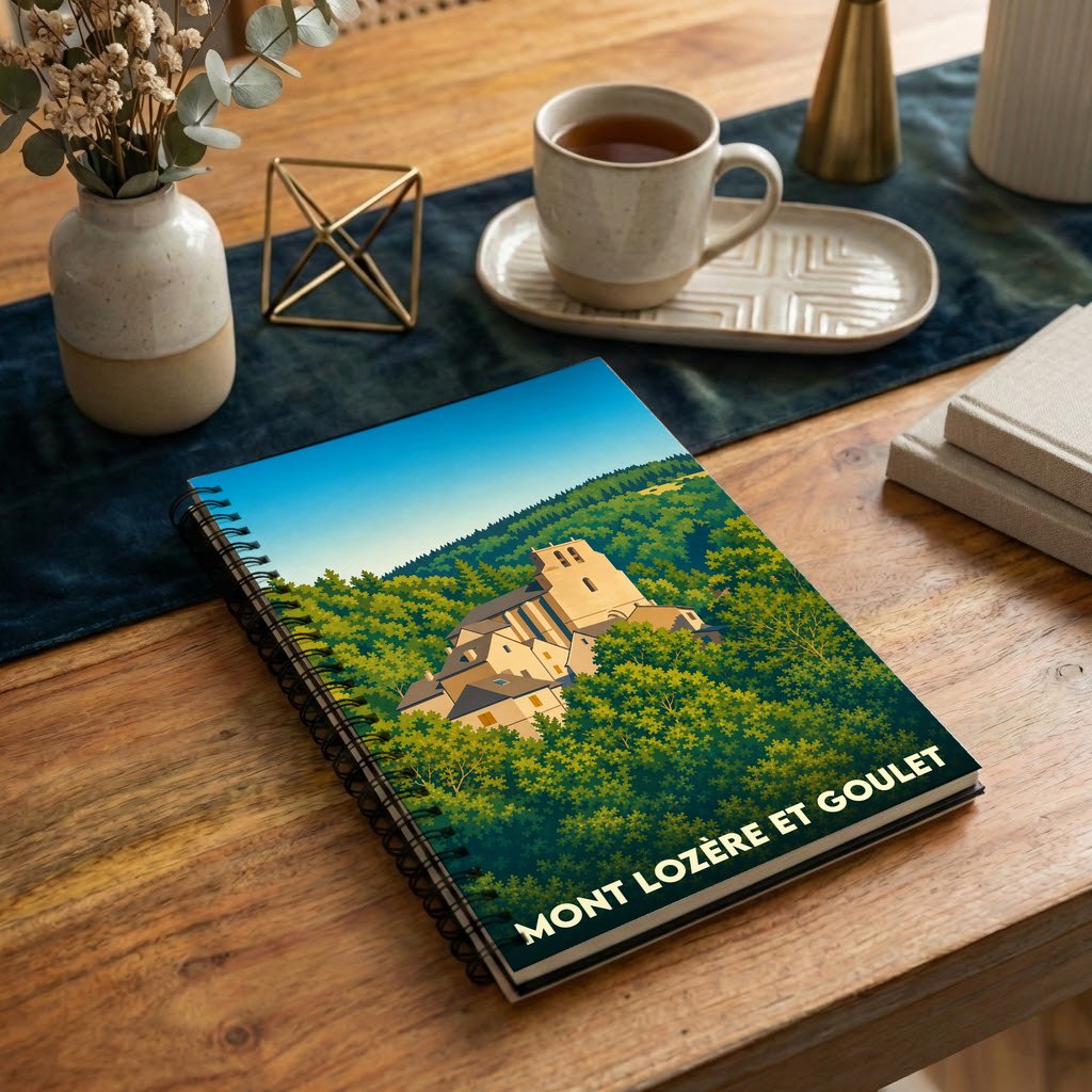 Carnet de notes souvenir de Mont Lozère et Goulet avec une illustration stylisée d'un village dans la forêt.