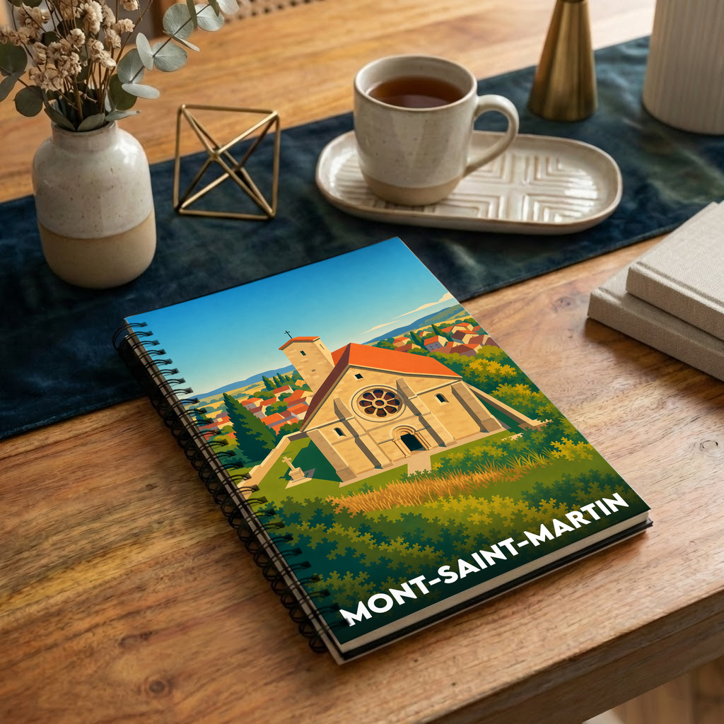 Carnet à spirales souvenir de Mont-Saint-Martin avec une illustration stylisée de son église.