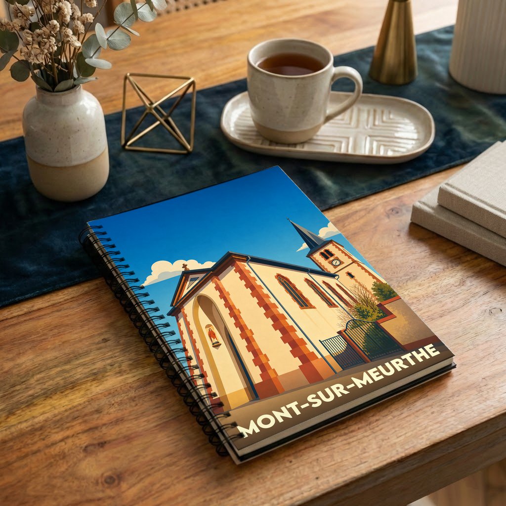 Carnet à spirales souvenir de Mont-sur-Meurthe illustré d'une vue stylisée de son église sous un ciel bleu.