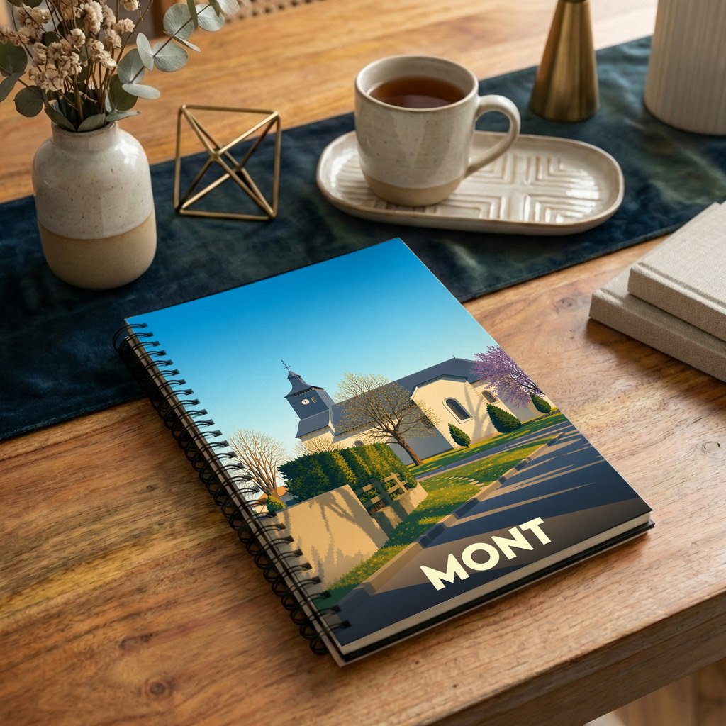 Carnet à spirale souvenir de la ville de Mont avec une illustration stylisée de son église.