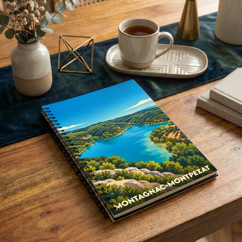 Carnet à spirales souvenir de Montagnac-Montpezat avec une illustration stylisée d'un paysage de lac et de collines.
