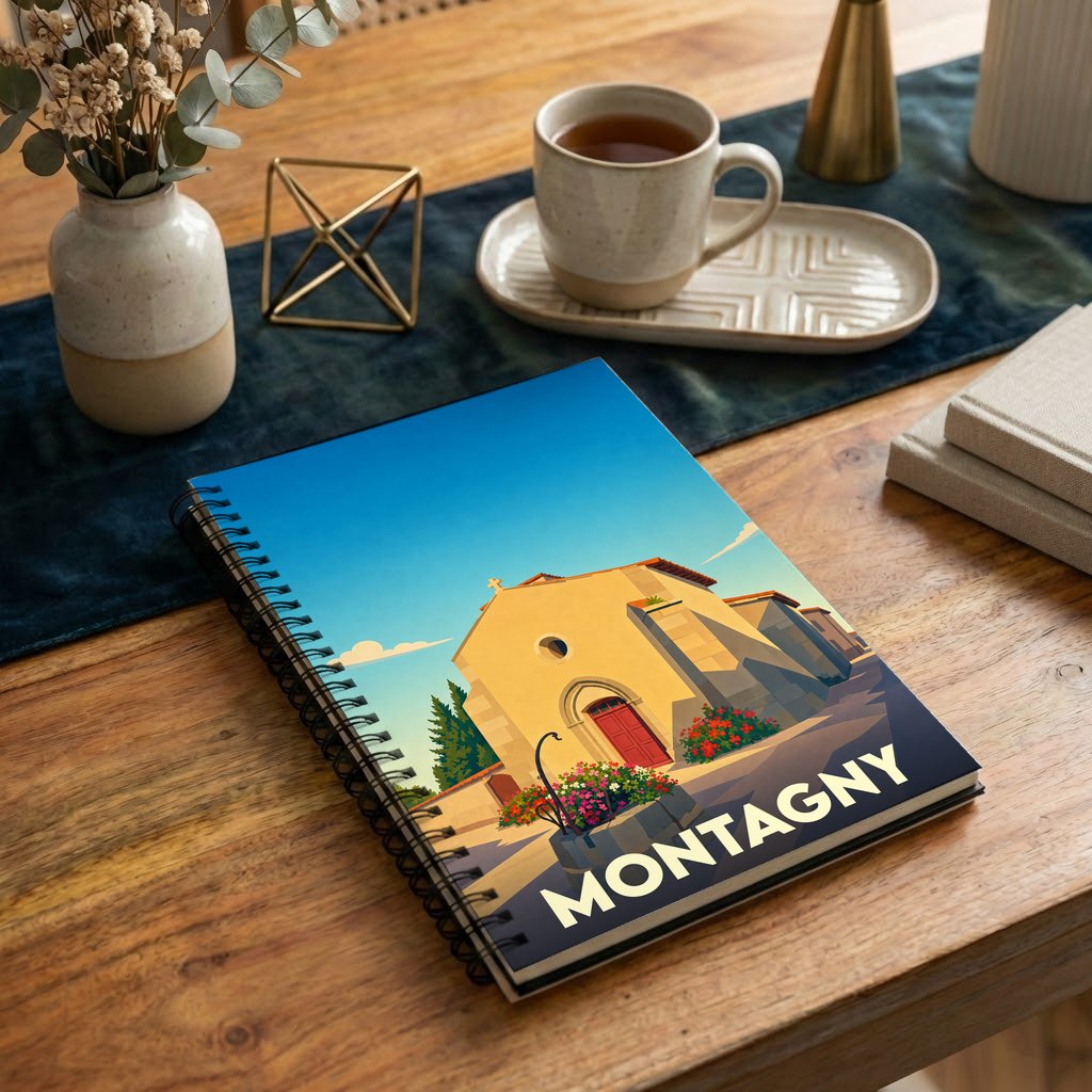 Carnet à spirales souvenir de la ville de Montagny avec une illustration stylisée.