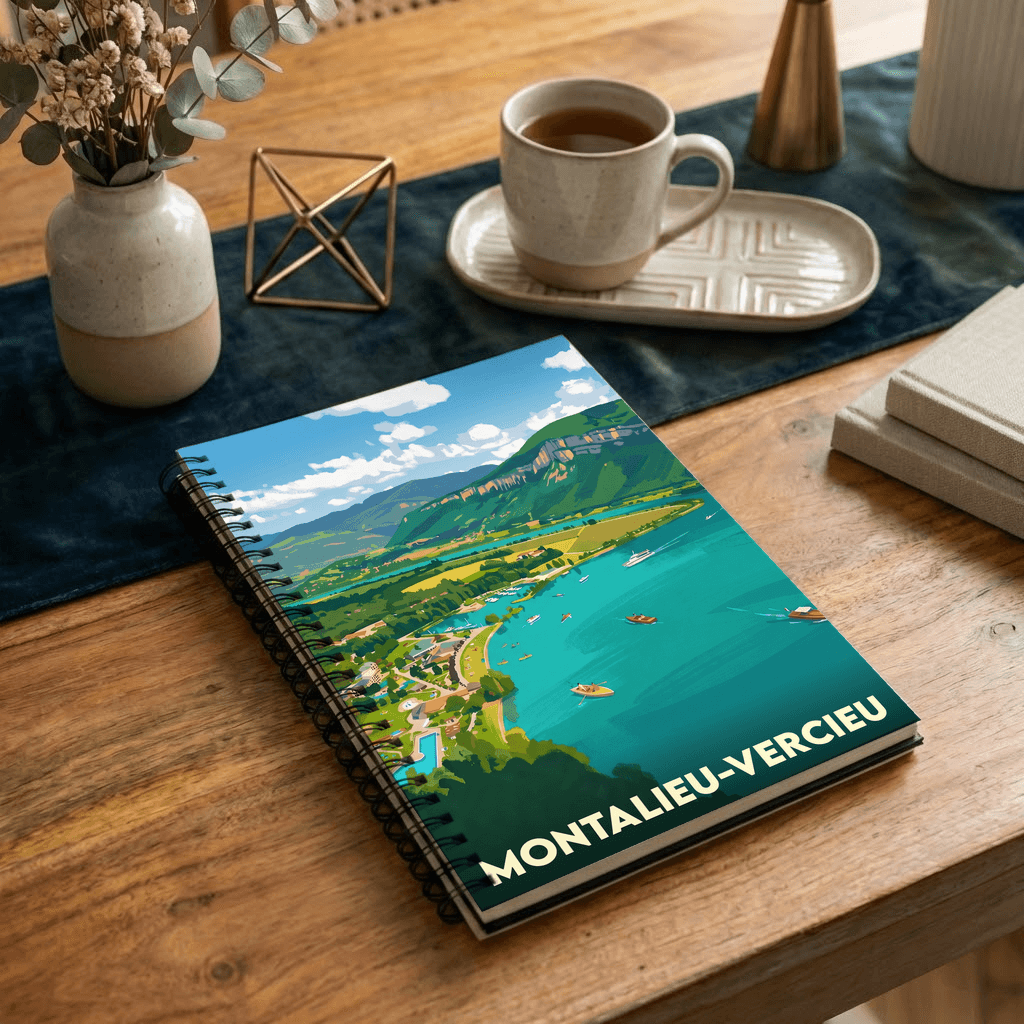 Carnet souvenir de la ville de Montalieu-Vercieu avec une illustration stylisée de son paysage.
