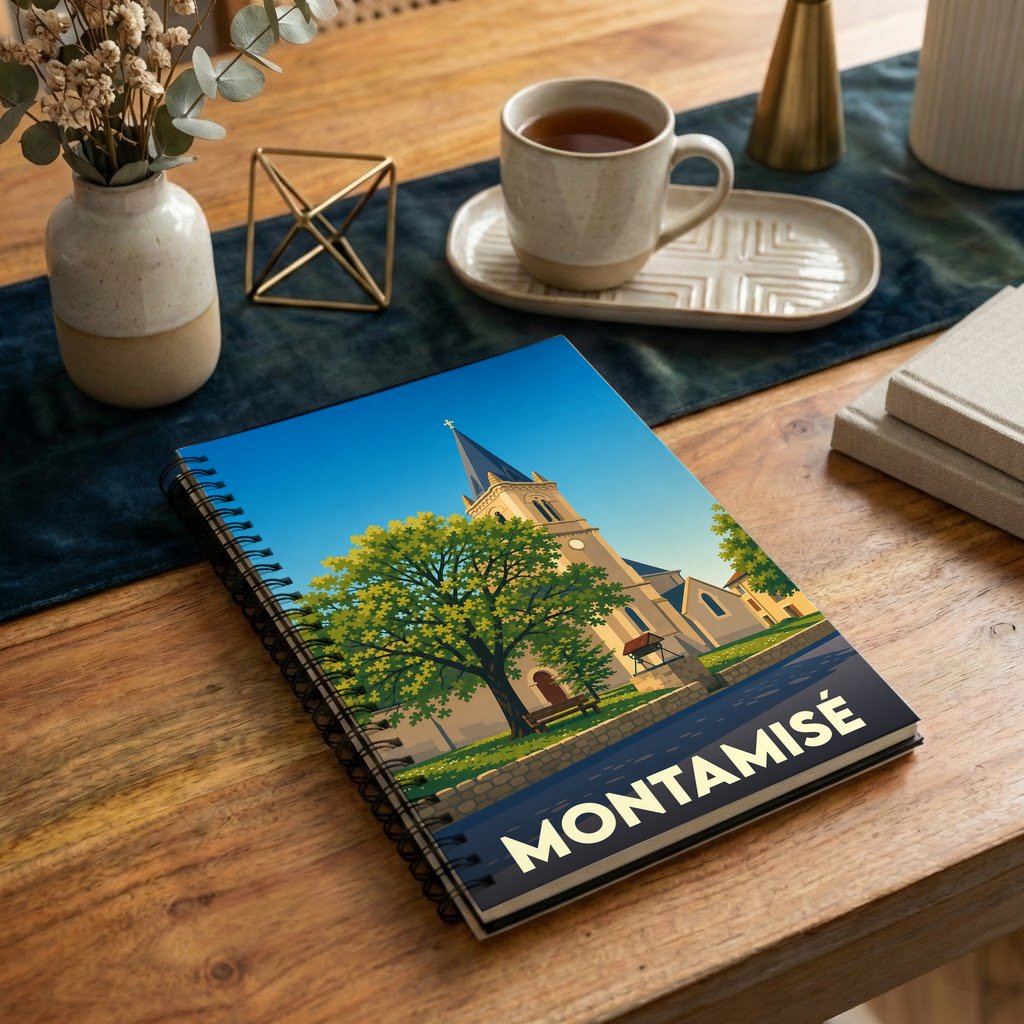 Carnet souvenir de la ville de Montamisé avec une illustration stylisée d'une église et d'un arbre.