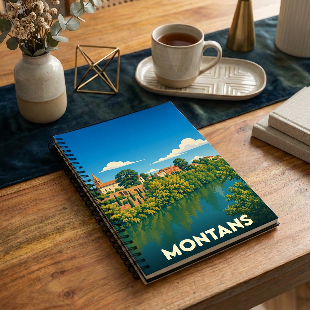 Carnet à spirales souvenir de la ville de Montans avec une illustration stylisée des bords du Tarn.
