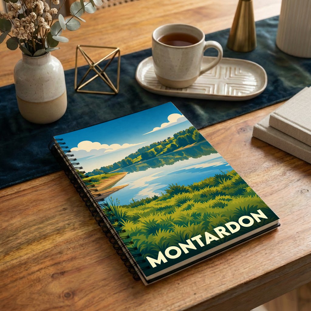 Carnet à spirales souvenir de la ville de Montardon avec une illustration stylisée de paysage.