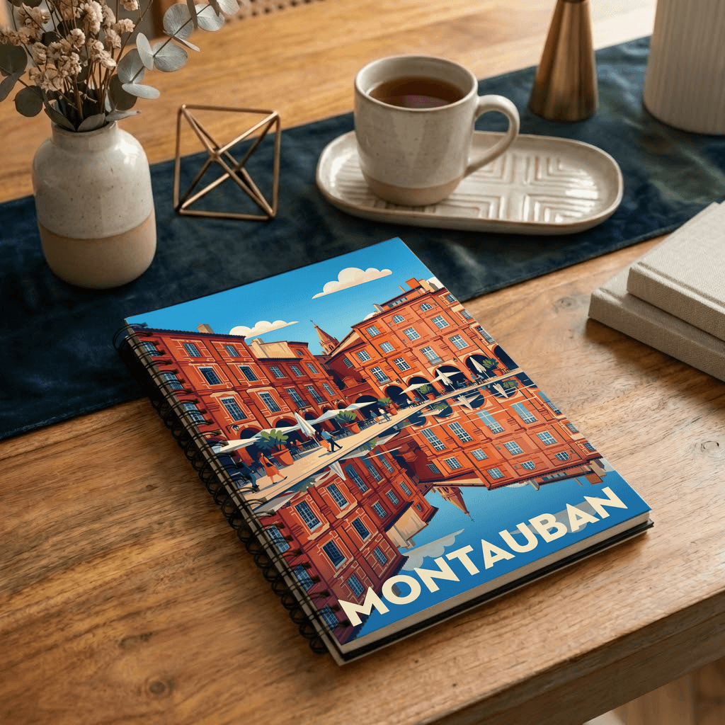 Carnet souvenir de la ville de Montauban avec une illustration stylisée de ses bâtiments en briques rouges.