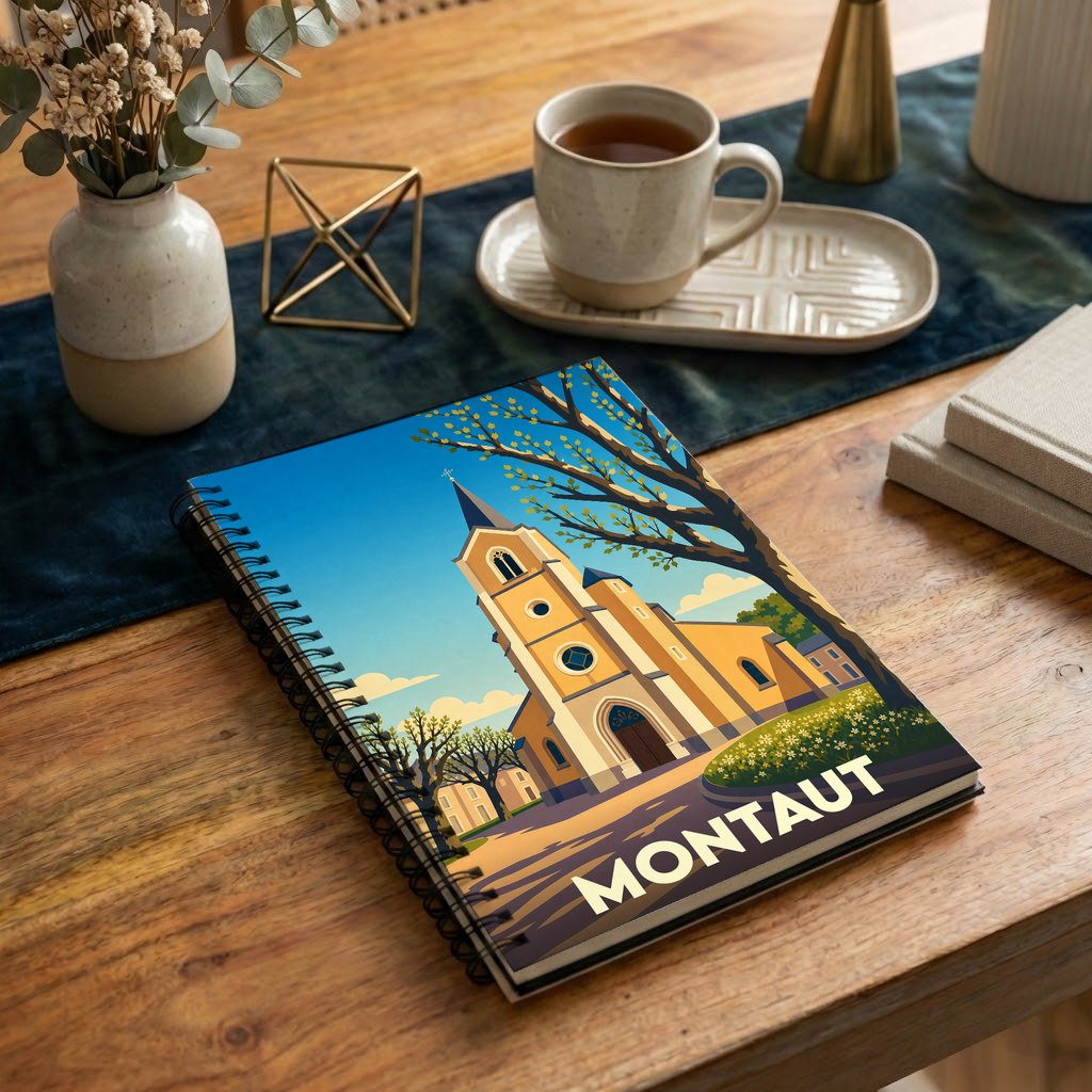 Carnet à spirales souvenir de la ville de Montaut avec une illustration stylisée d'une église sous un ciel bleu.