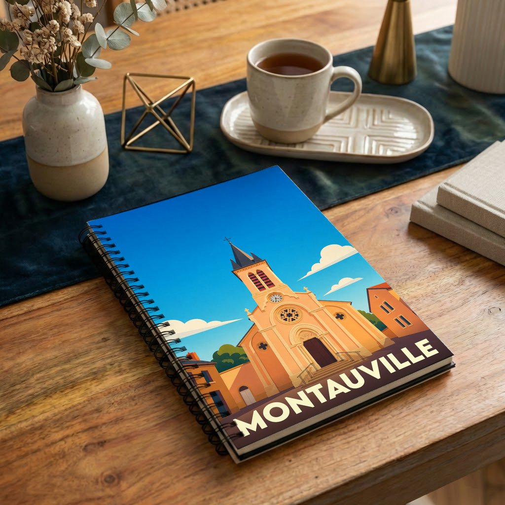 Carnet à spirales souvenir de la ville de Montauville avec une illustration stylisée de son église.