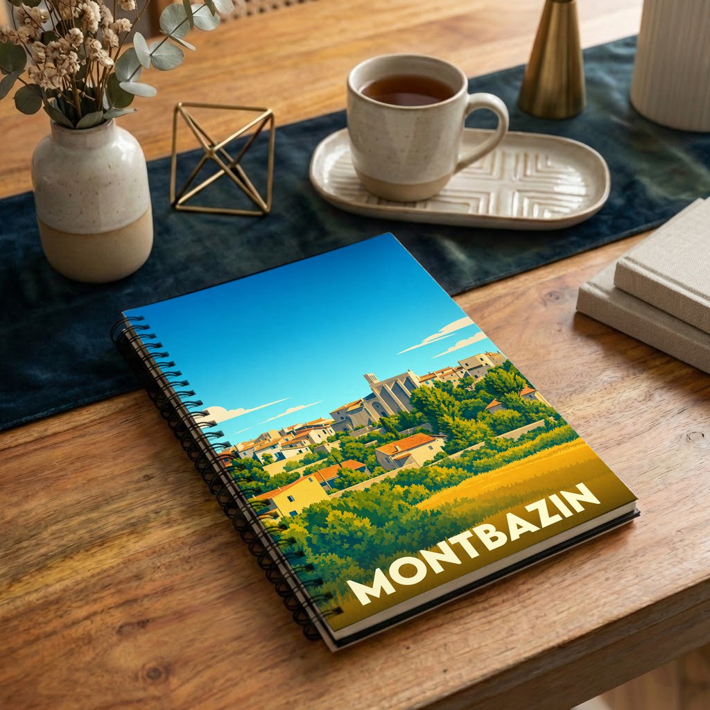 Carnet souvenir de la ville de Montbazin avec une illustration stylisée et colorée.