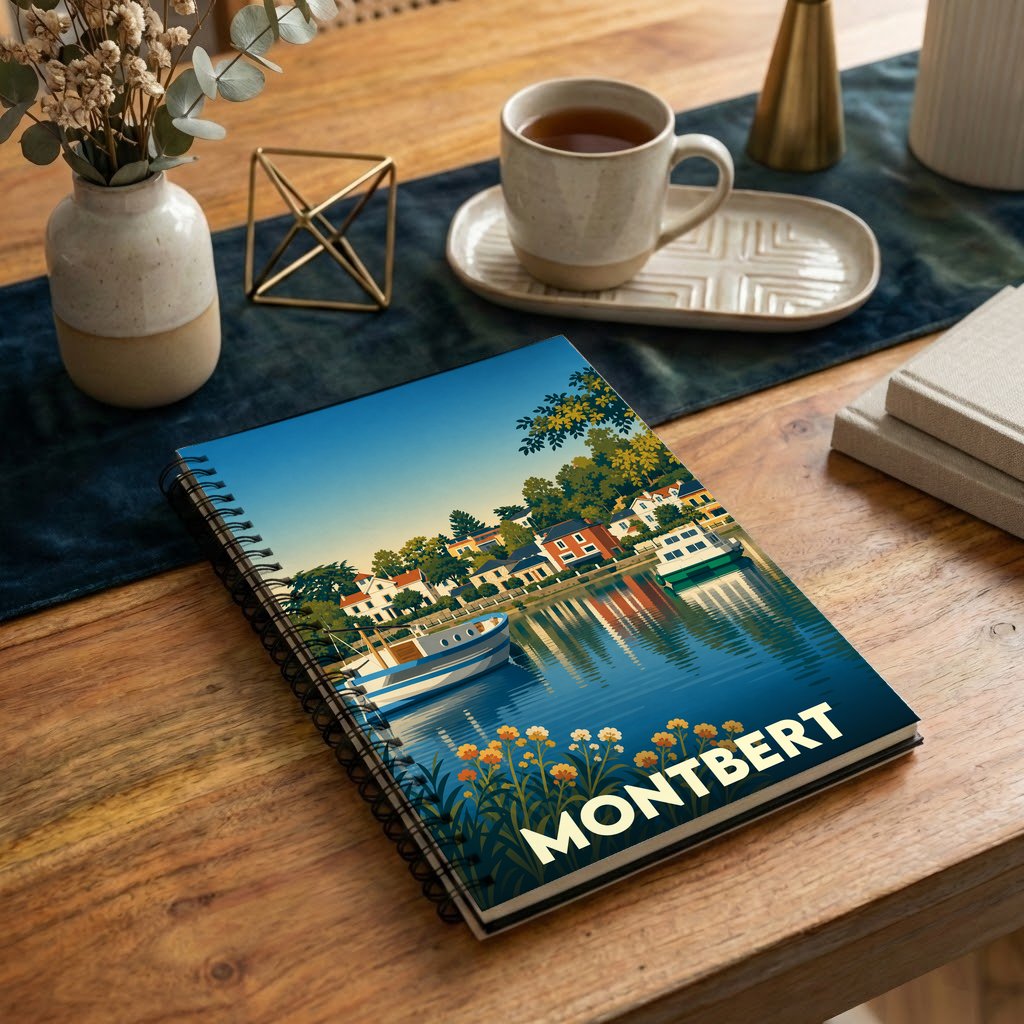 Carnet souvenir de la ville de Montbert avec une illustration stylisée d'un port au bord de l'eau.