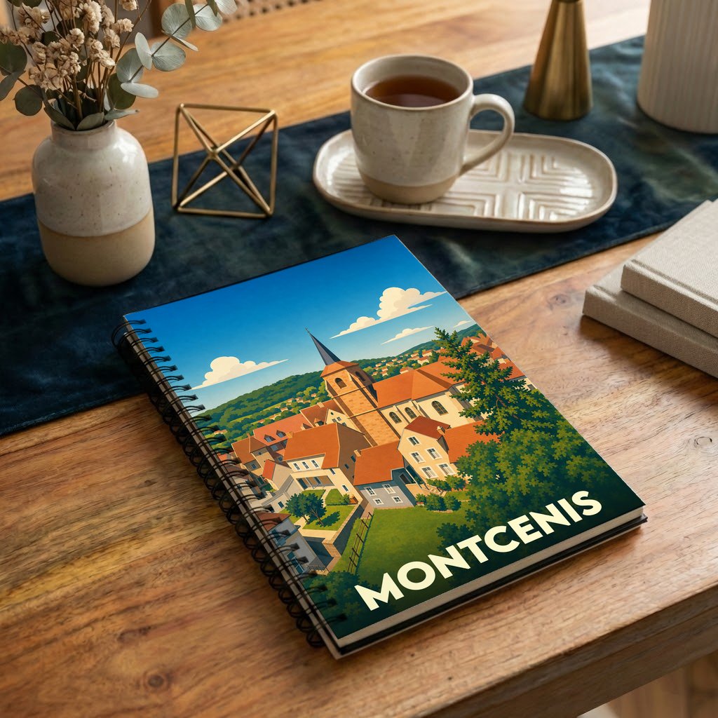 Carnet à spirales souvenir de la ville de Montcenis avec une illustration stylisée d'un panorama urbain.