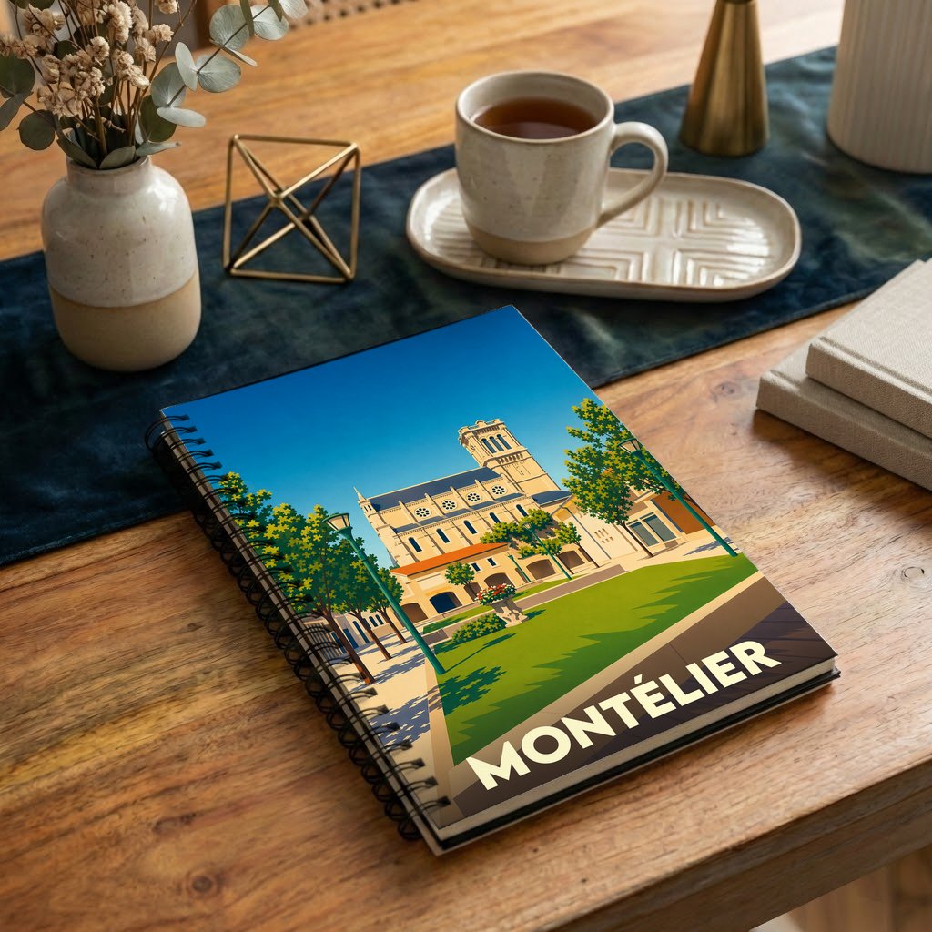 Carnet souvenir de la ville de Montélier orné d'une illustration stylisée de son église et de son parc.