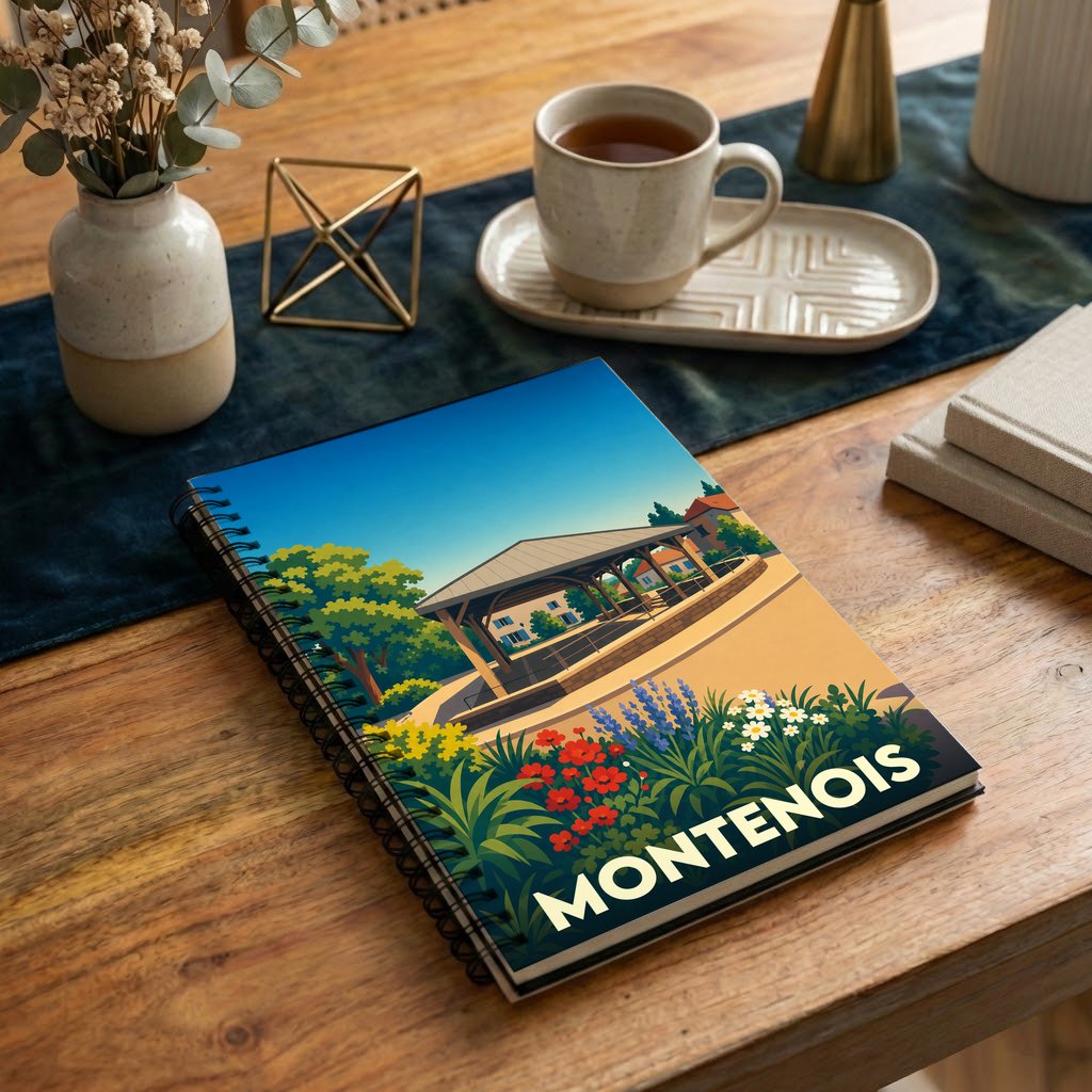 Carnet souvenir de la ville de Montenois avec une illustration stylisée et colorée.