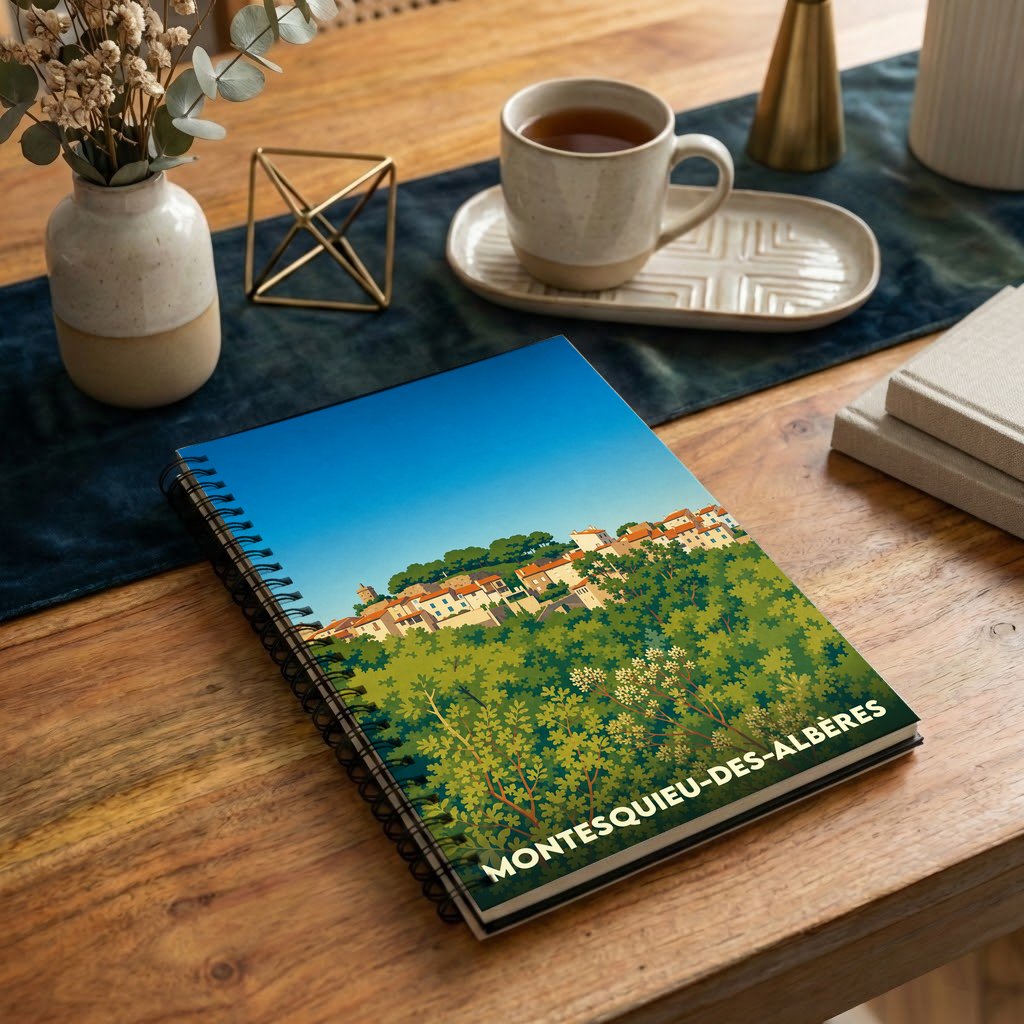 Carnet souvenir de la ville de Montesquieu-des-Albères illustré d'un paysage de village perché et de végétation verdoyante.