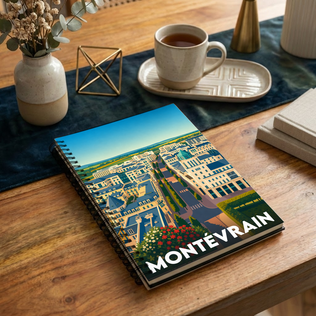 Carnet souvenir de la ville de Montévrain avec une illustration urbaine stylisée.